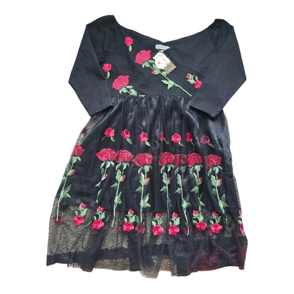 Roiii Off Shoulder Sheer Dress Womens Black & Roses 1950s Whimsgoth New - Picture 1 of 16